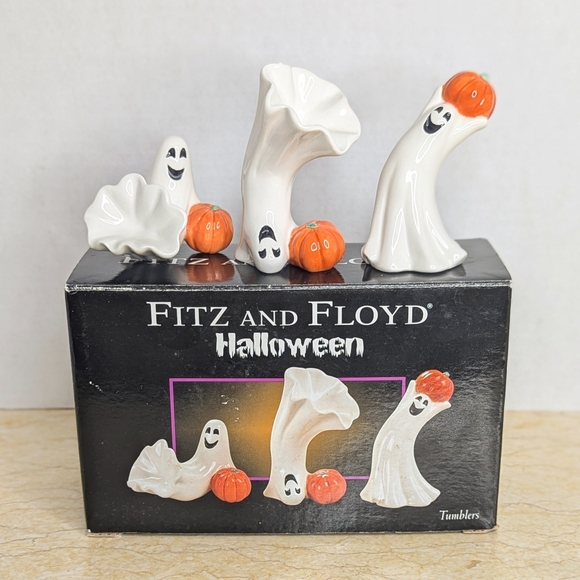 Vintage Fitz & Floyd Halloween Ceramic Tumbling Friendly Ghosts Pumpkin Figurine - Picture 3 of 9